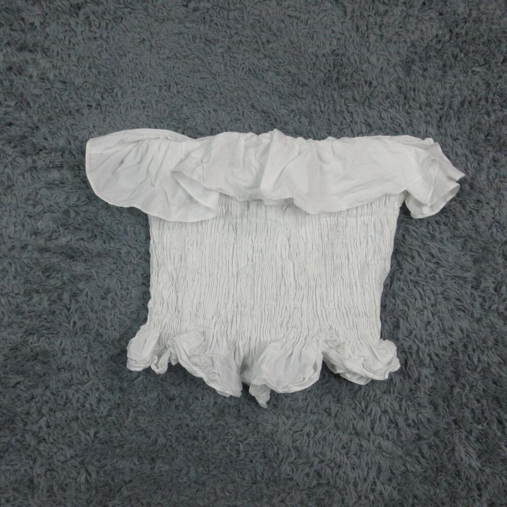 Zara Blouse Shirt Womens Medium White Off Shoulder Smocked Cropped Ruffle NWT